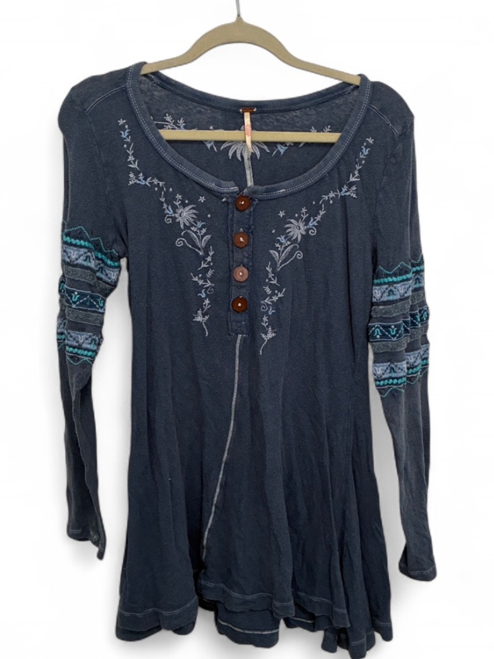 Free People Boho Embroidered Blue Long-Sleeve Henley Tunic